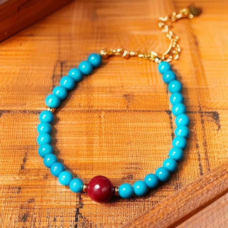 سوار يد من الفيروز والزنجفر للتنقية من الفضة عيار ٩٢٥ Turquoise Cinnabar Purification Bracelet in 925 Silver