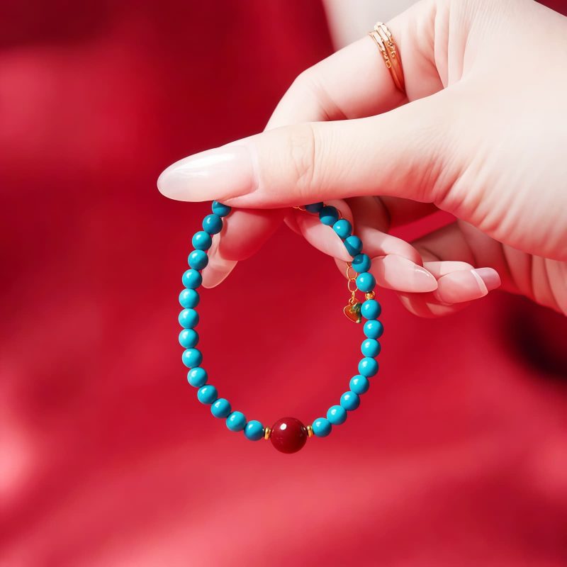 سوار يد من الفيروز والزنجفر للتنقية من الفضة عيار ٩٢٥ Turquoise Cinnabar Purification Bracelet in 925 Silver