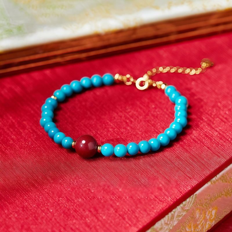 سوار يد من الفيروز والزنجفر للتنقية من الفضة عيار ٩٢٥ Turquoise Cinnabar Purification Bracelet in 925 Silver