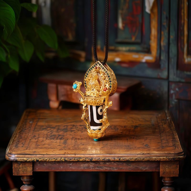 Kalung Gantung Manjusri dengan Batu Dzi Tibet Penuh Kasih Tibetan Dzi Bead Manjusri Compassion Pendant Necklace