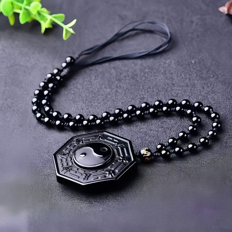 Kalung Liontin Batu Obsidian Hitam Yin Yang Black Obsidian Stone Yin Yang Pendant Necklace