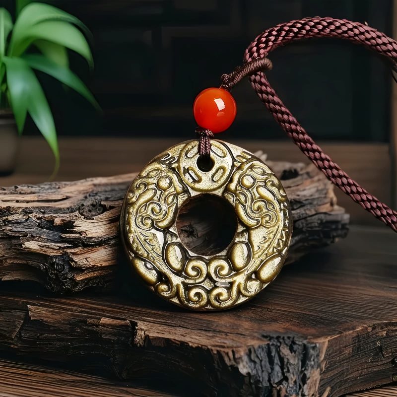 Collar de Pixiu con Obsidiana Dorada Brillante para la Abundancia Gold Sheen Obsidian Pixiu Wealth Necklace