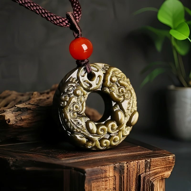 Collar de Pixiu con Obsidiana Dorada Brillante para la Abundancia Gold Sheen Obsidian Pixiu Wealth Necklace