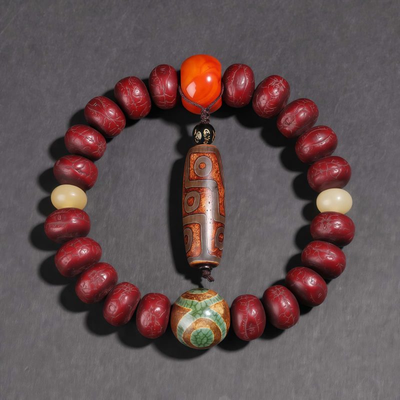 Pulsera Tibetana de la Suerte con Ojo de Buda y León Danzante Tibet Bodhi Seed Dzi Dancing Lion Luck Bracelet