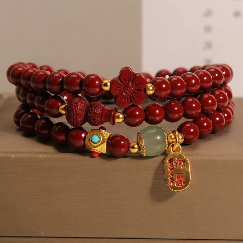 Pulsera Triple de Cinabrio con Caracter Chino Fu Cinnabar Fu Character Triple Wrap Bracelet