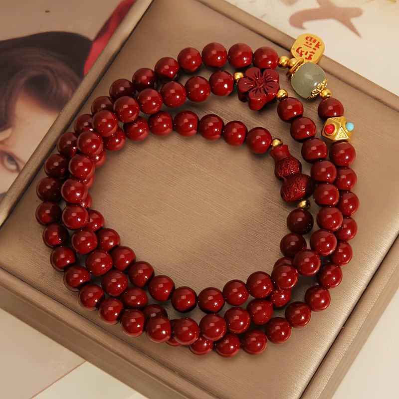 Pulsera Triple de Cinabrio con Caracter Chino Fu Cinnabar Fu Character Triple Wrap Bracelet