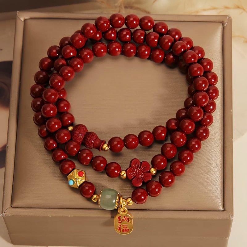 Pulsera Triple de Cinabrio con Caracter Chino Fu Cinnabar Fu Character Triple Wrap Bracelet