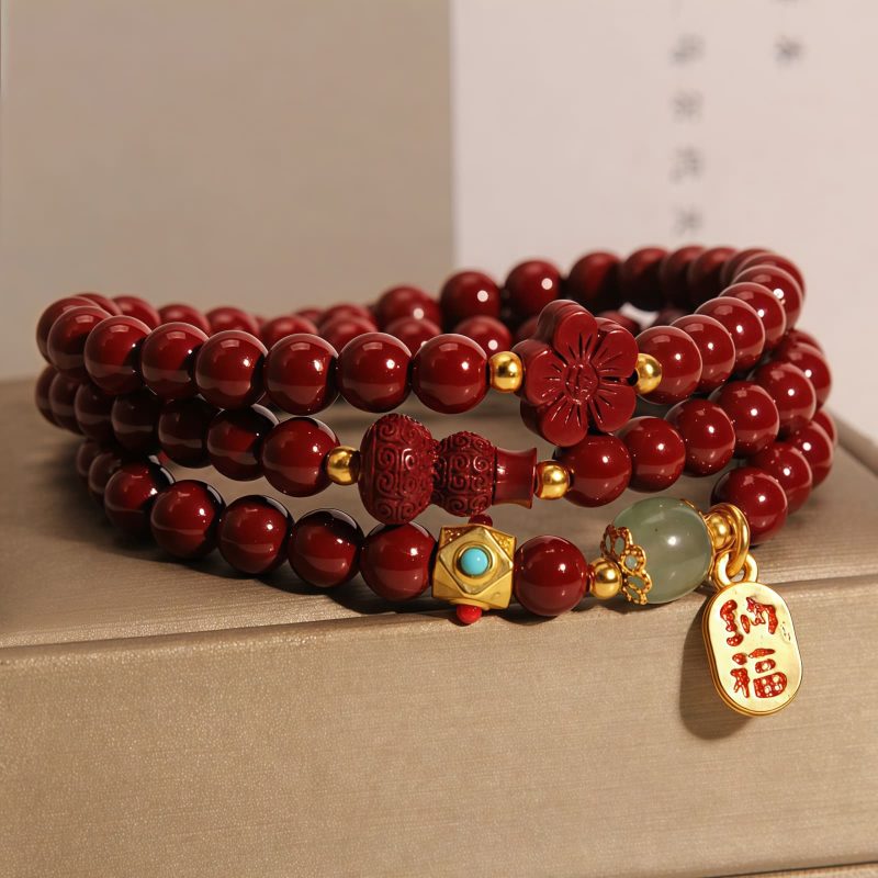 Pulsera Triple de Cinabrio con Caracter Chino Fu Cinnabar Fu Character Triple Wrap Bracelet