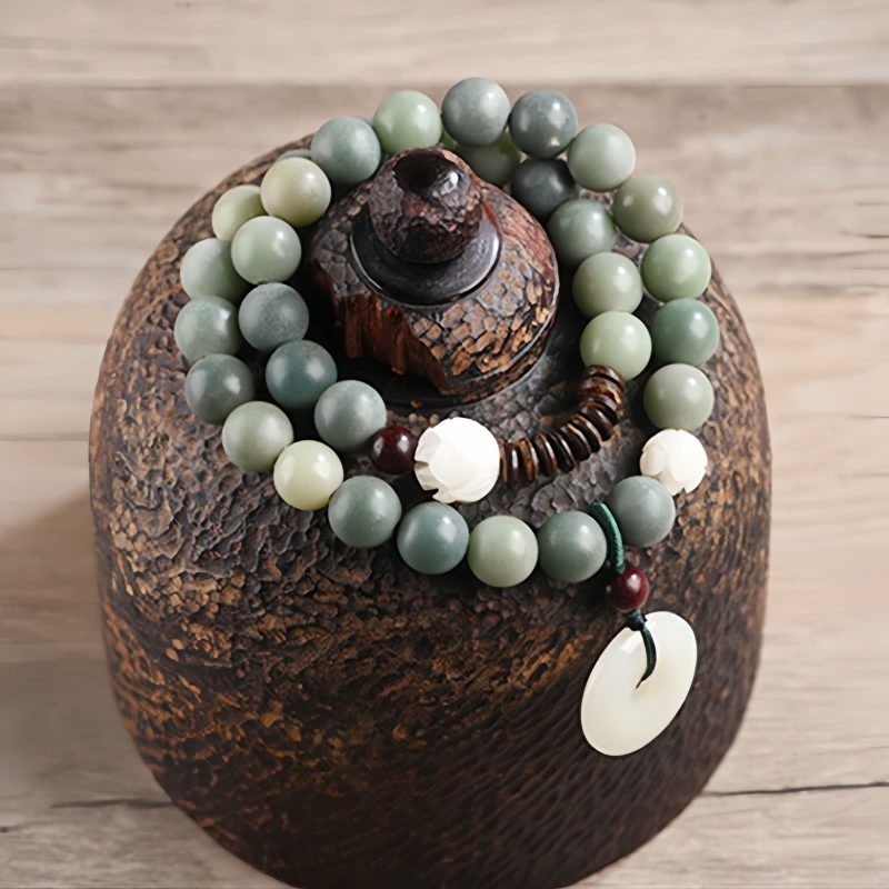 Pulsera de Jade de Loto con Semilla de Bodhi Cian Cyan Bodhi Seed Lotus Jade Bracelet
