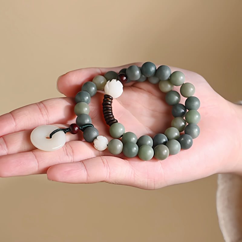 Pulsera de Jade de Loto con Semilla de Bodhi Cian Cyan Bodhi Seed Lotus Jade Bracelet