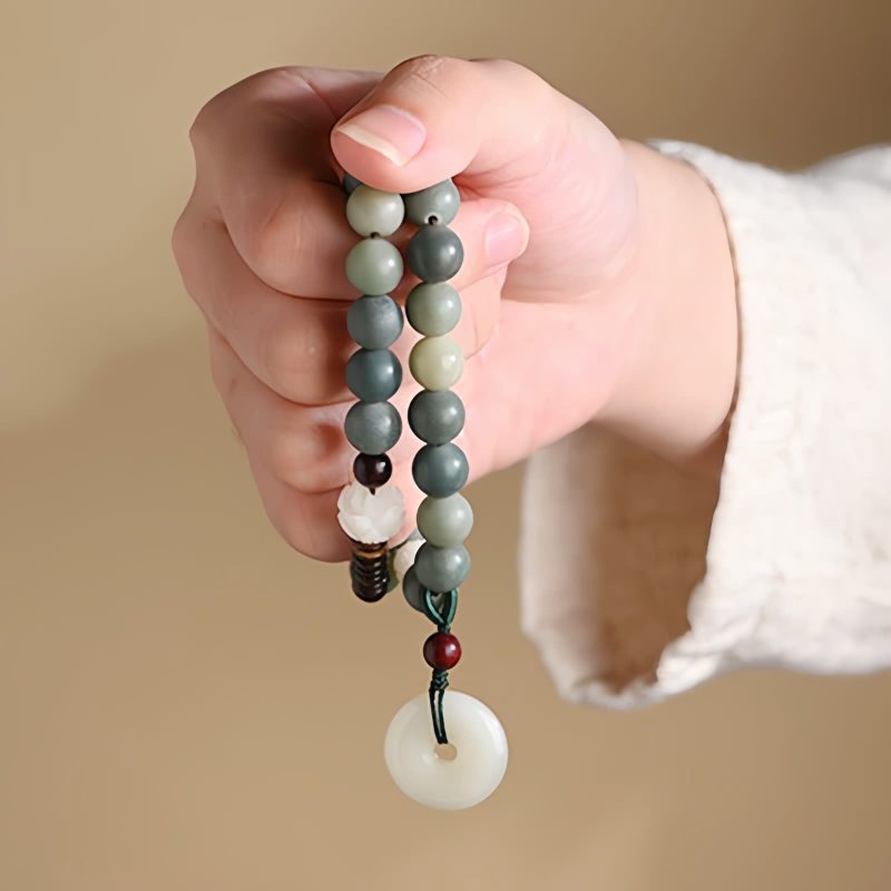 Pulsera de Jade de Loto con Semilla de Bodhi Cian Cyan Bodhi Seed Lotus Jade Bracelet