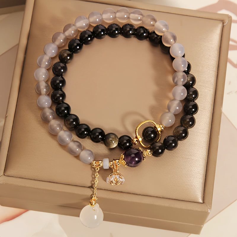 Pulseira de Lótus com Obsidiana Dourada e Ágata Cinza Gold Sheen Obsidian Lotus Charm Bracelet