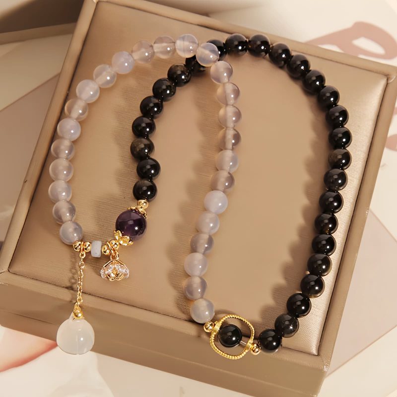 Pulseira de Lótus com Obsidiana Dourada e Ágata Cinza Gold Sheen Obsidian Lotus Charm Bracelet