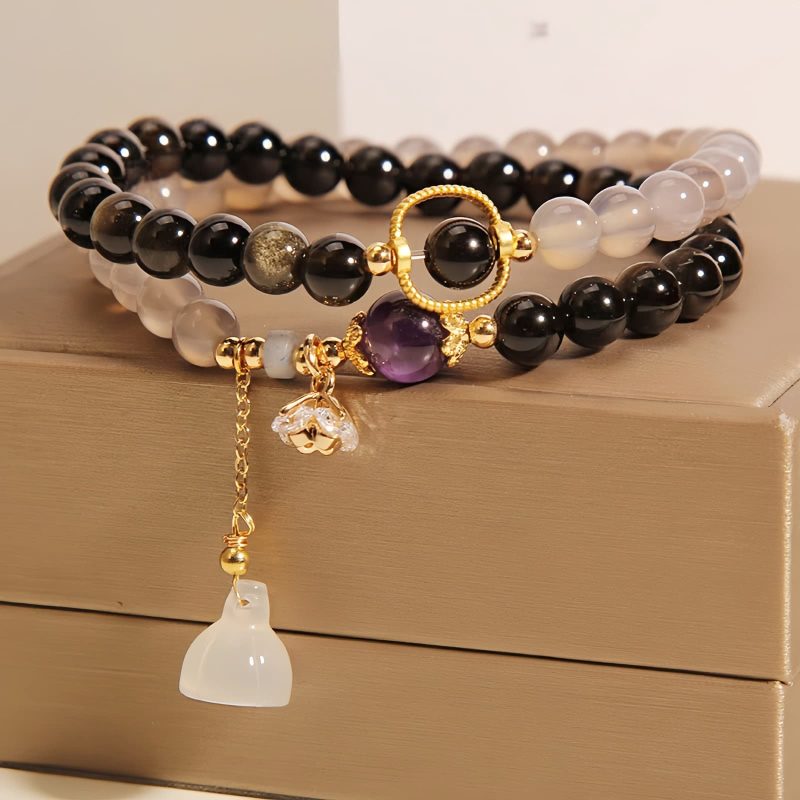 Pulseira de Lótus com Obsidiana Dourada e Ágata Cinza Gold Sheen Obsidian Lotus Charm Bracelet