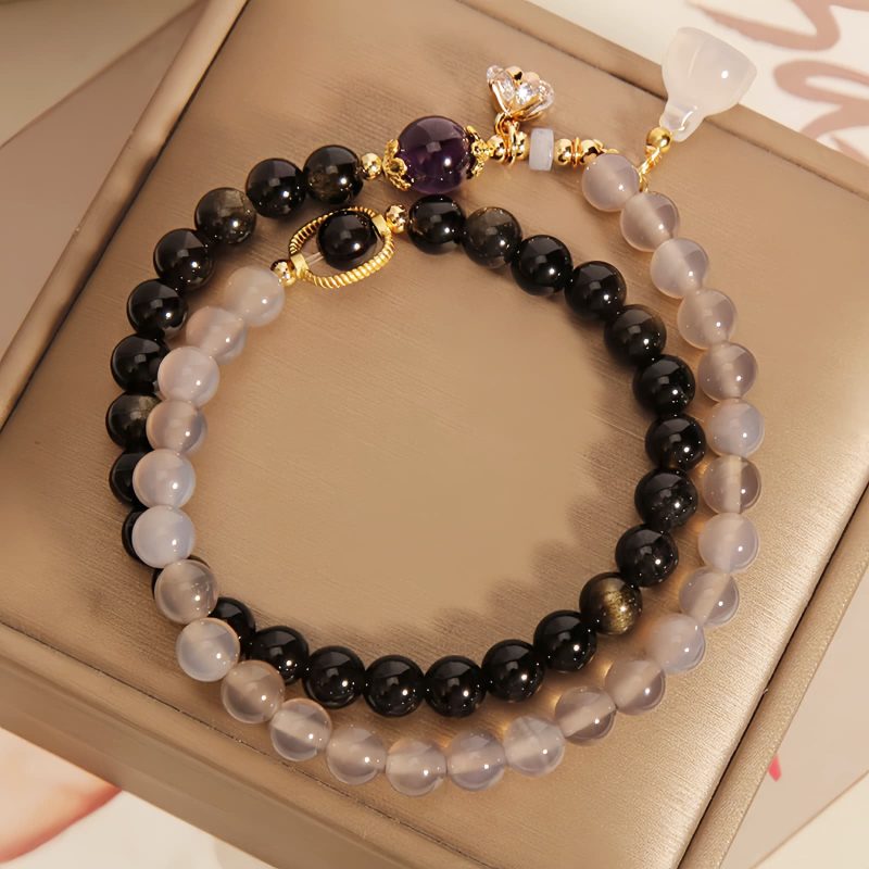 Pulseira de Lótus com Obsidiana Dourada e Ágata Cinza Gold Sheen Obsidian Lotus Charm Bracelet