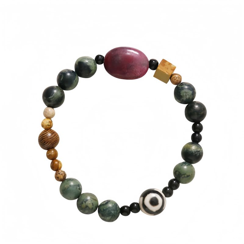 成功への緑瑪瑙三眼天珠ブレスレット Green Agate Three-eyed Dzi Bracelet for Success