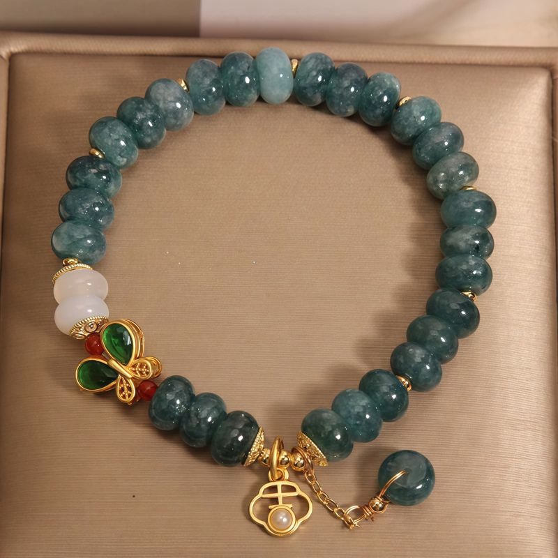Pulsera con dije de mariposa de ágata blanca y jade Jade White Agate Butterfly Charm Bracelet