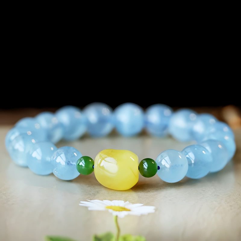 Pulsera Curativa de Aguamarina y Ámbar Natural Natural Aquamarine Amber Healing Bracelet