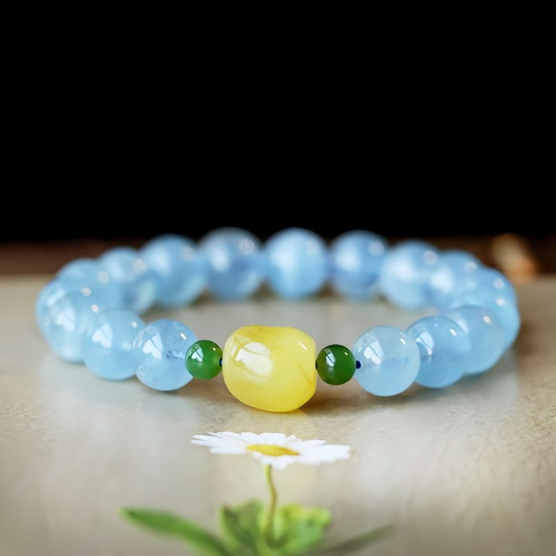 Pulsera Curativa de Aguamarina y Ámbar Natural Natural Aquamarine Amber Healing Bracelet