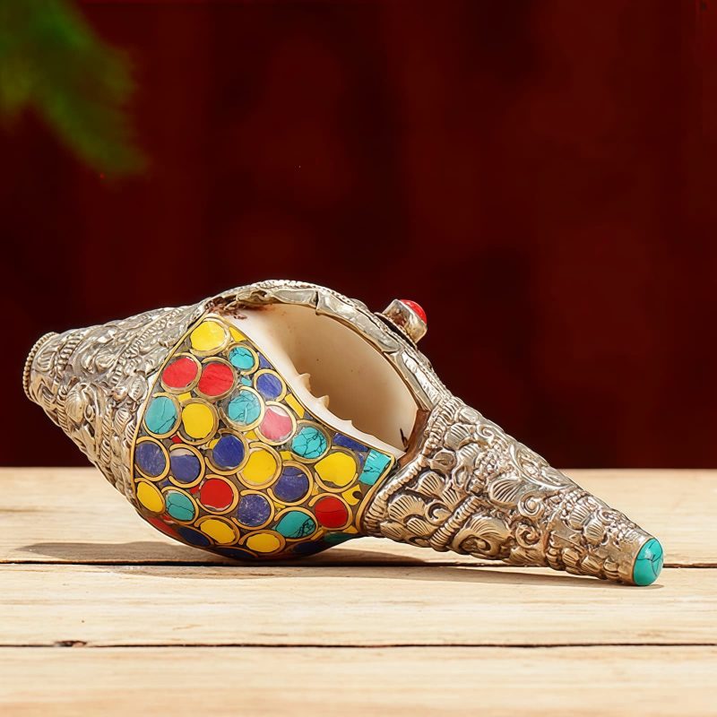 Decoración para el Hogar de Concha Shankha Tibetana, Hechiza a Mano, Colorida y Natural Tibetan Handmade Natural Colorful Shankha Wealth Home Decor