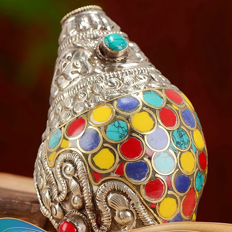 Decoración para el Hogar de Concha Shankha Tibetana, Hechiza a Mano, Colorida y Natural Tibetan Handmade Natural Colorful Shankha Wealth Home Decor