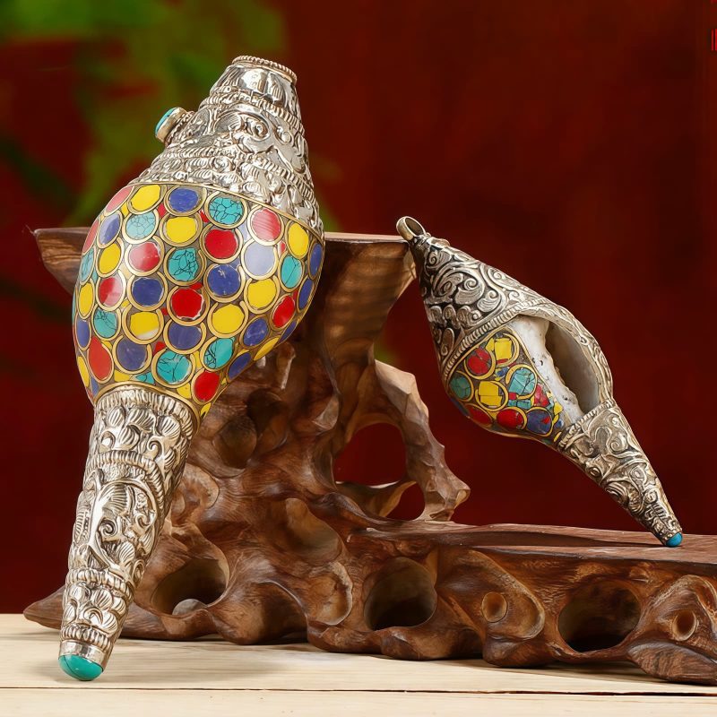 Decoración para el Hogar de Concha Shankha Tibetana, Hechiza a Mano, Colorida y Natural Tibetan Handmade Natural Colorful Shankha Wealth Home Decor