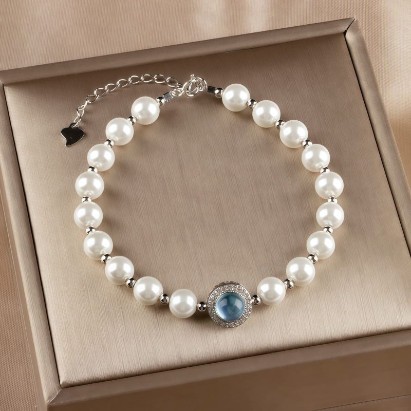 Pulseira Curativa de Pérola e Calcedônia Azul em Prata Tibetana 925 Tibetan 925 Silver Pearl Blue Chalcedony Healing Bracelet