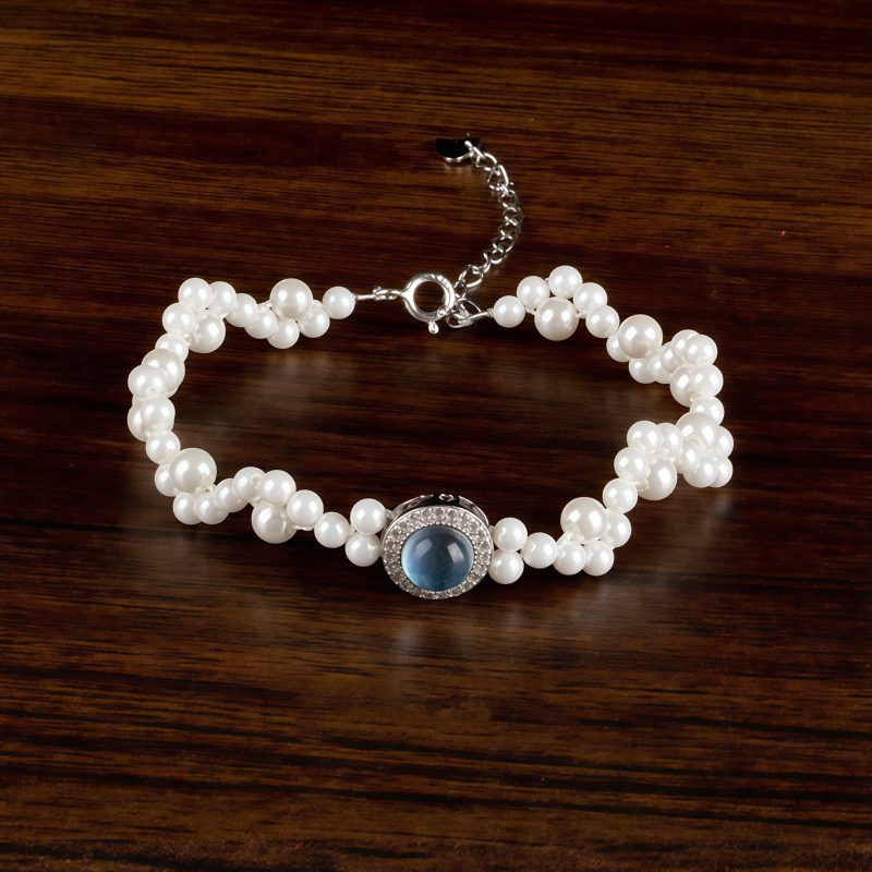 Pulseira Curativa de Pérola e Calcedônia Azul em Prata Tibetana 925 Tibetan 925 Silver Pearl Blue Chalcedony Healing Bracelet