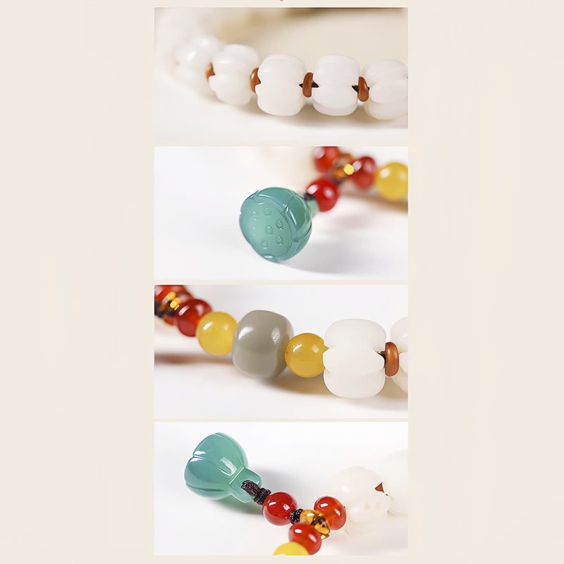 Pulsera de Loto con Semillas de Bodhi Naturales y Ágata Roja Natural Bodhi Seed Lotus Bracelet with Red Agate