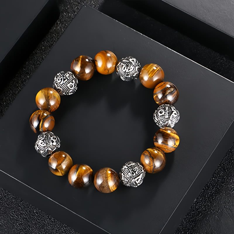 Gelang Om Mani Padme Hum dari Batu Lava Alam & Mata Harimau Natural Lava Rock & Tiger Eye Om Mani Padme Hum Bracelet