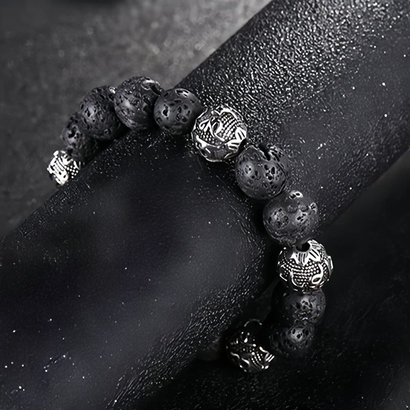Gelang Om Mani Padme Hum dari Batu Lava Alam & Mata Harimau Natural Lava Rock & Tiger Eye Om Mani Padme Hum Bracelet