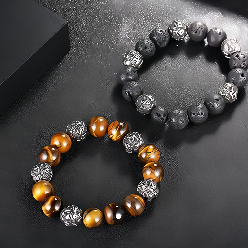 Gelang Om Mani Padme Hum dari Batu Lava Alam & Mata Harimau Natural Lava Rock & Tiger Eye Om Mani Padme Hum Bracelet