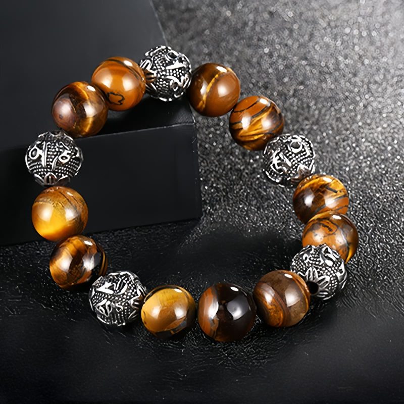 Gelang Om Mani Padme Hum dari Batu Lava Alam & Mata Harimau Natural Lava Rock & Tiger Eye Om Mani Padme Hum Bracelet