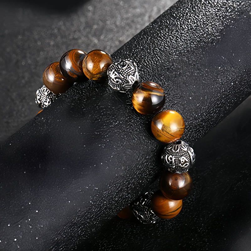 Gelang Om Mani Padme Hum dari Batu Lava Alam & Mata Harimau Natural Lava Rock & Tiger Eye Om Mani Padme Hum Bracelet