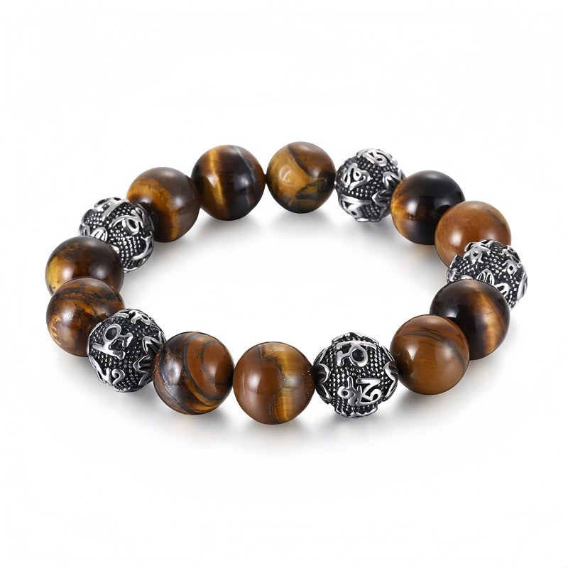 Gelang Om Mani Padme Hum dari Batu Lava Alam & Mata Harimau Natural Lava Rock & Tiger Eye Om Mani Padme Hum Bracelet