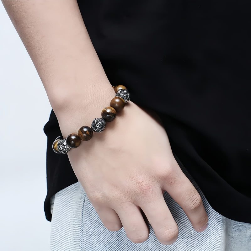 Gelang Om Mani Padme Hum dari Batu Lava Alam & Mata Harimau Natural Lava Rock & Tiger Eye Om Mani Padme Hum Bracelet