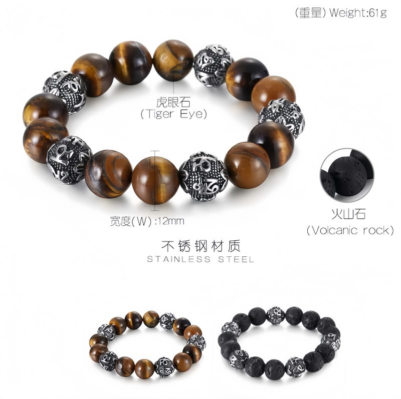 Gelang Om Mani Padme Hum dari Batu Lava Alam & Mata Harimau Natural Lava Rock & Tiger Eye Om Mani Padme Hum Bracelet
