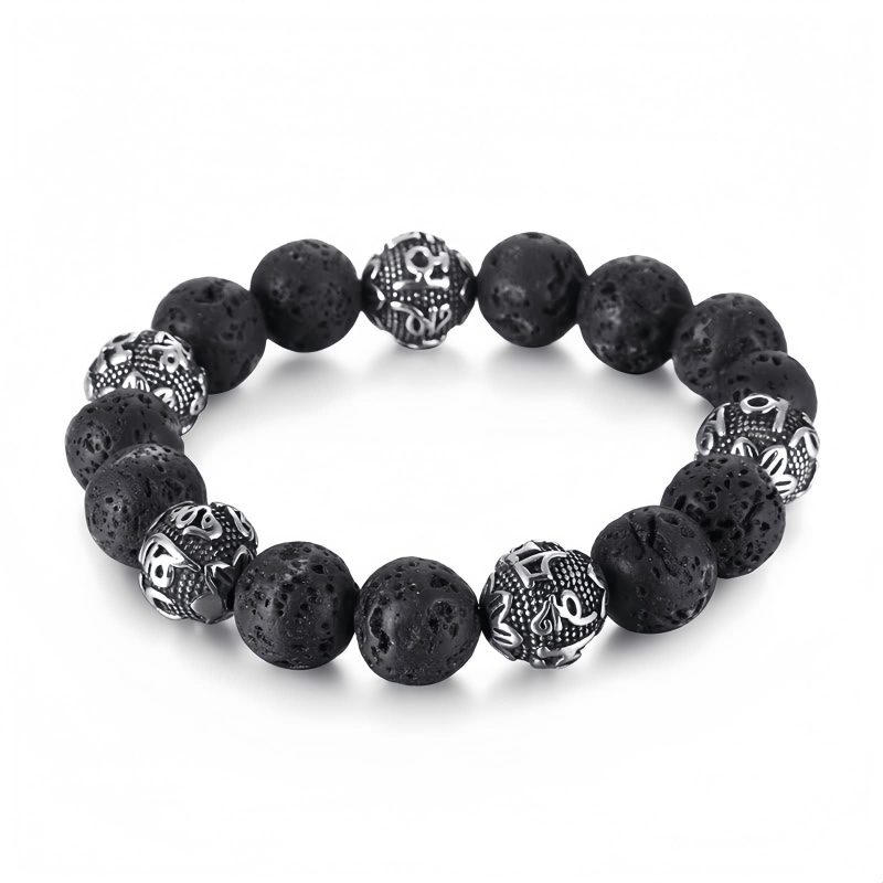 Gelang Om Mani Padme Hum dari Batu Lava Alam & Mata Harimau Natural Lava Rock & Tiger Eye Om Mani Padme Hum Bracelet