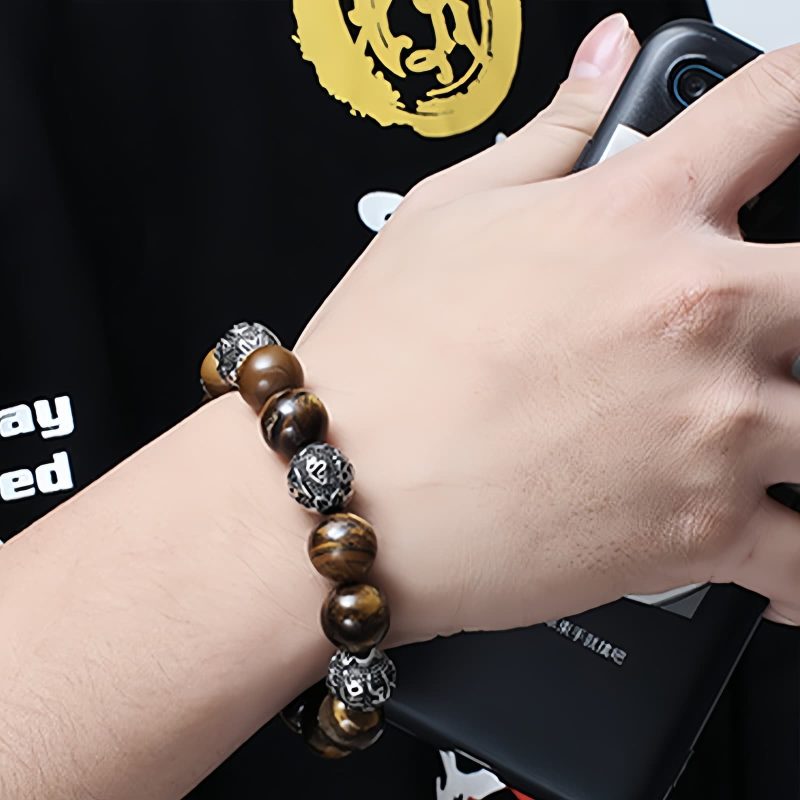 Gelang Om Mani Padme Hum dari Batu Lava Alam & Mata Harimau Natural Lava Rock & Tiger Eye Om Mani Padme Hum Bracelet
