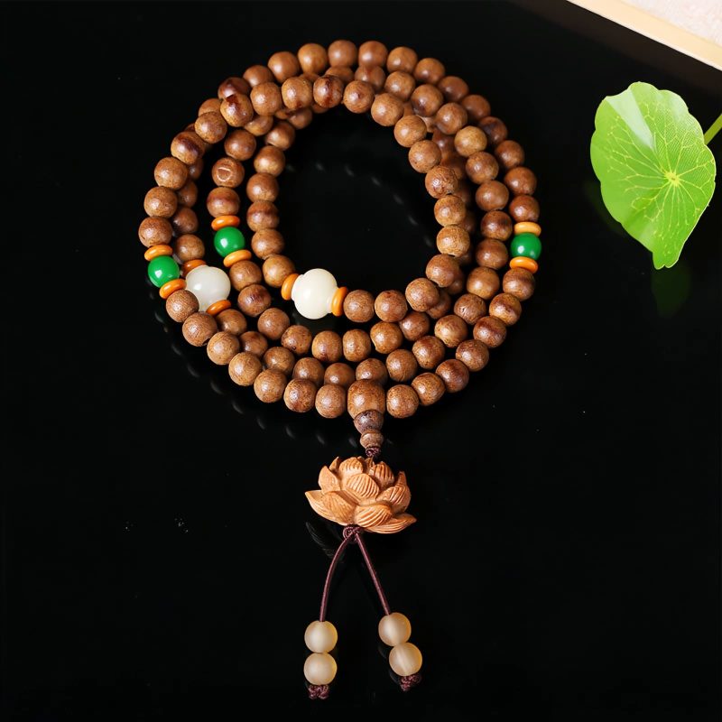 Pulsera de meditación de semillas de Bodhi de madera de melocotón y loto Peach Wood Bodhi Seed Lotus Meditation Bracelet