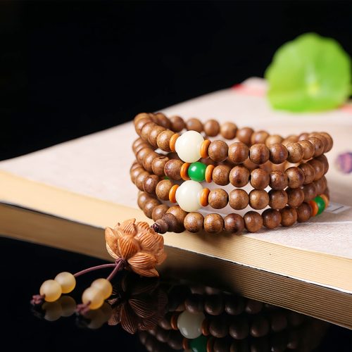 Pulsera de meditación de semillas de Bodhi de madera de melocotón y loto Pulsera de meditación de semillas de Bodhi de madera de melocotón y loto