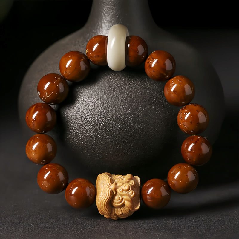 Pulsera de Sabiduría con León Danzante de Semilla de Bodhi Morada Purple Bodhi Seed Wisdom Bracelet with Dancing Lion