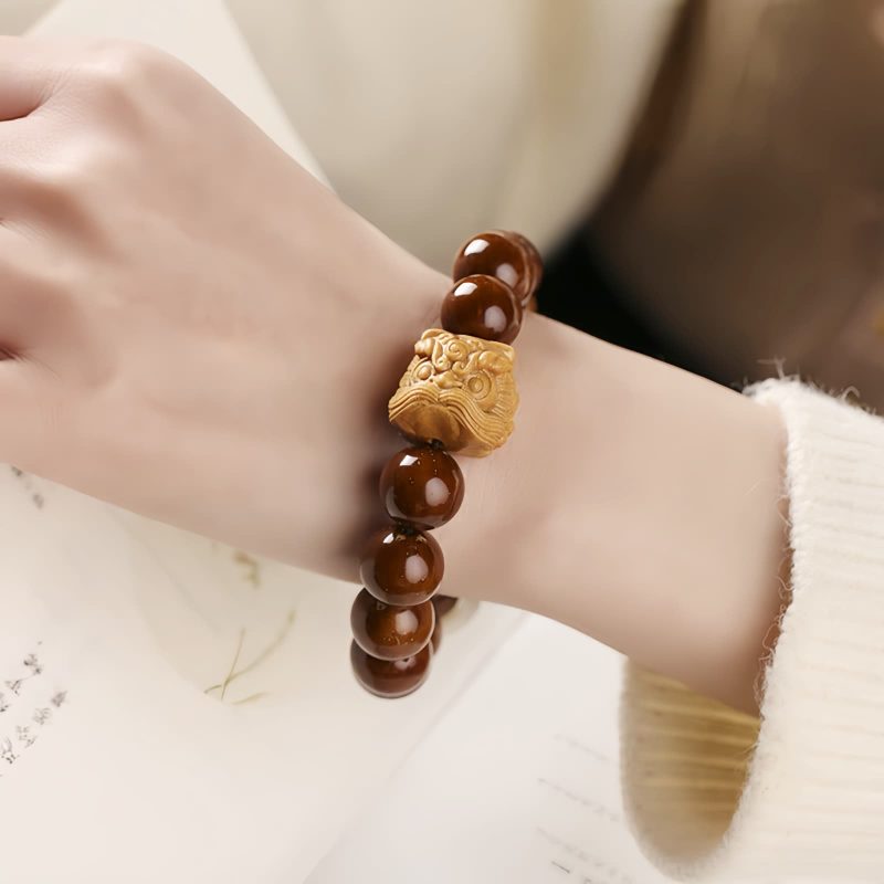 Pulsera de Sabiduría con León Danzante de Semilla de Bodhi Morada Purple Bodhi Seed Wisdom Bracelet with Dancing Lion