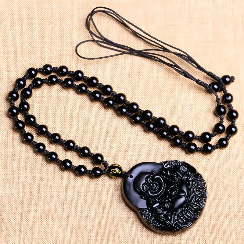 黒曜石笑佛パワーペンダントネックレス Black Obsidian Buddha Strength Pendant Necklace