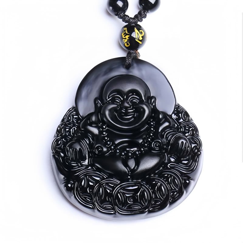 黒曜石笑佛パワーペンダントネックレス Black Obsidian Buddha Strength Pendant Necklace
