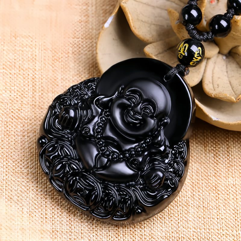黒曜石笑佛パワーペンダントネックレス Black Obsidian Buddha Strength Pendant Necklace
