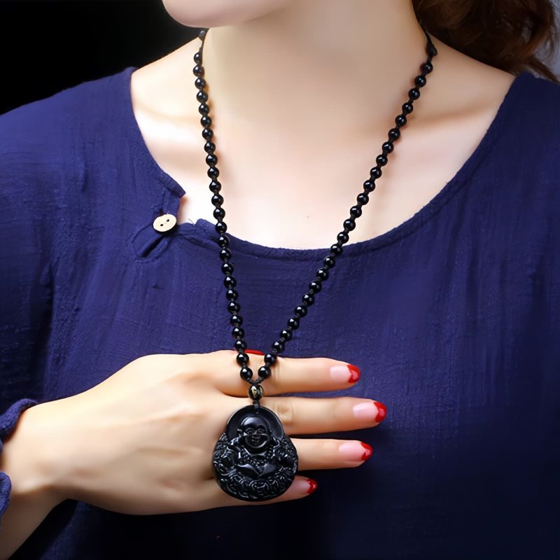 黒曜石笑佛パワーペンダントネックレス Black Obsidian Buddha Strength Pendant Necklace
