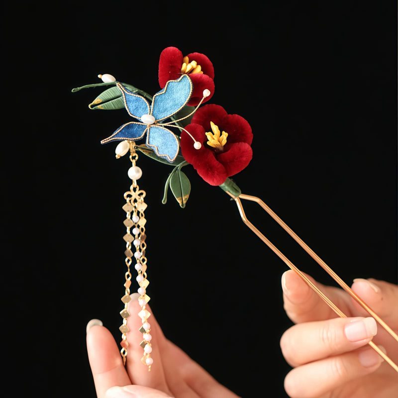 Horquilla de Flor Roja y Mariposa Azul China Chinese Blue Butterfly Red Flower Hairpin