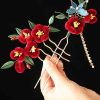 Horquilla de Flor Roja y Mariposa Azul China Chinese Blue Butterfly Red Flower Hairpin