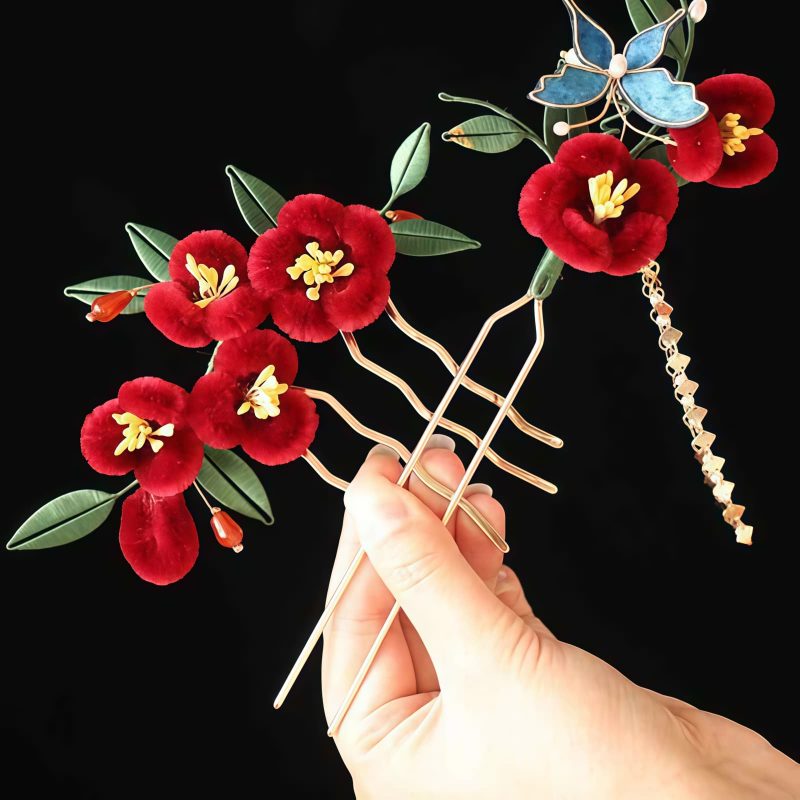 Horquilla de Flor Roja y Mariposa Azul China Chinese Blue Butterfly Red Flower Hairpin
